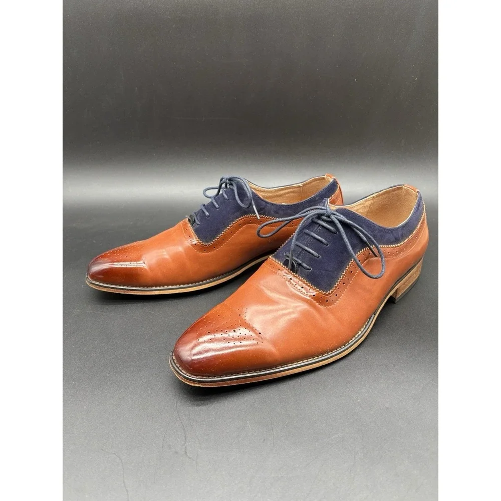 Gino Vitale Oxford Mens 11 Tan Navy Blue Excellent‎ Two Tone Brogue Dress Shoes